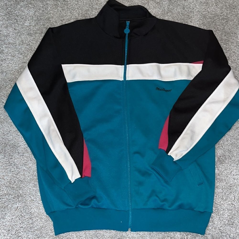 Vintage MacGregor Black Teal White Fuchsia Track Zipper Warmup Tennis Jacket L